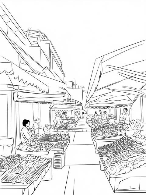 Line drawing of a traditional mexican street market, coco themed, with vendors