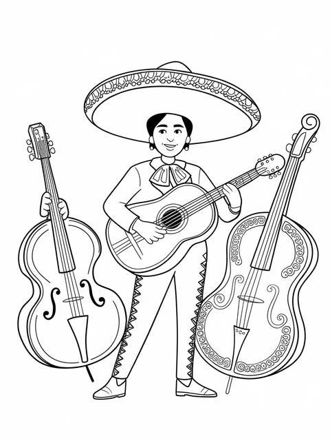 Coco, a musician with a guitar, surrounded by stringed instruments, ready to play