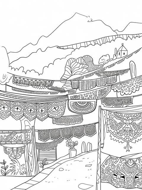Line drawing of a village with hanging papel, mountains, and decorative elements