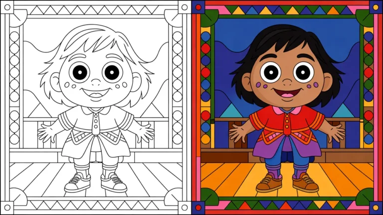 Coco coloring page: a two-panel image of a girl, one colored, one outlined