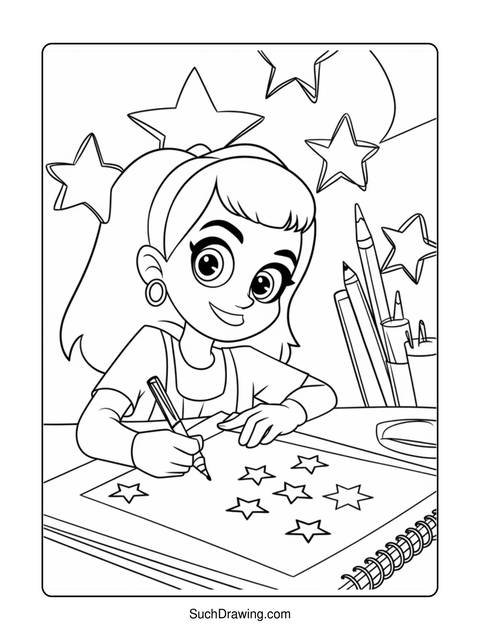 A young girl drawing stars on a paper, surrounded by pencils and stars
