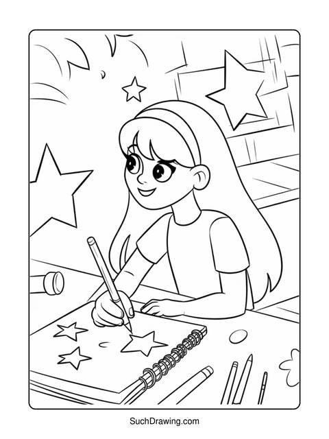 A girl drawing stars in a notebook, surrounded by stars, in a coloring page