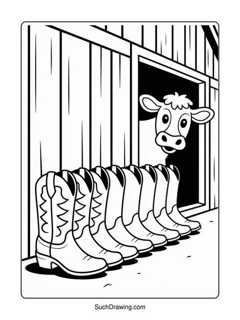 A row of cowboy boots with a cow peeking out of a barn door