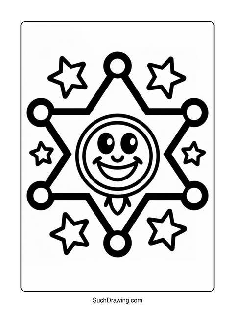 Black and white sheriff badge with a smiling face and surrounding stars