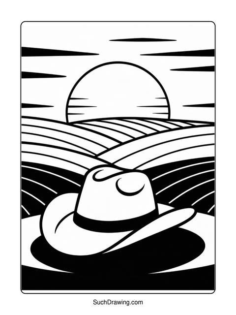 Black and white illustration of a cowboy hat in front of a sunset