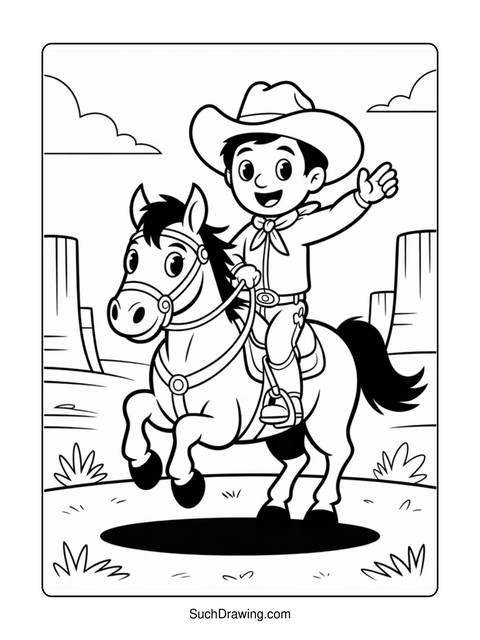 A cowboy waving from a horse in a black and white coloring page