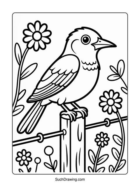 Line art of a bird perched on a wooden post surrounded by flowers