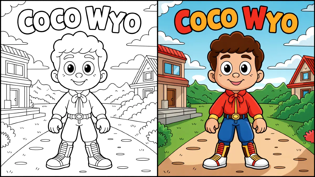 Coco wyo coloring page: a smiling boy stands on a path with houses