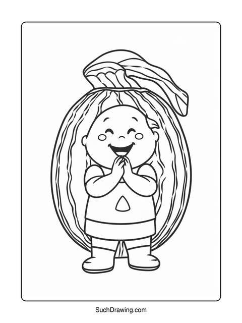 A happy baby inside a watermelon, hands clasped in front