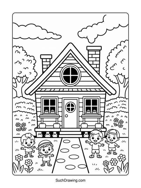 Line drawing of a house with three children and a path