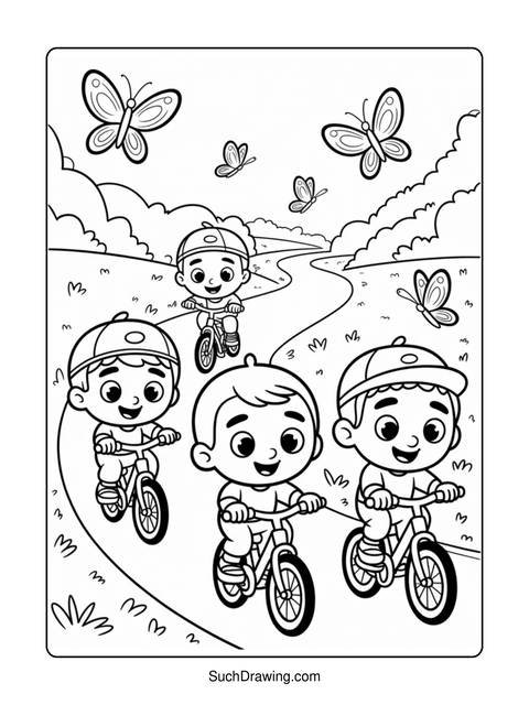 Coloring page of children riding bicycles on a winding path with butterflies