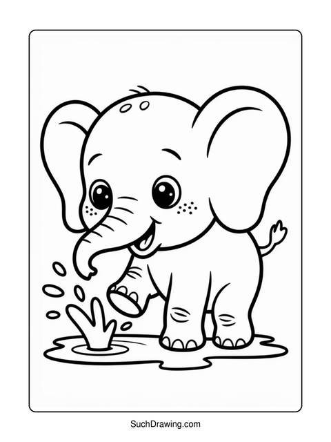 Black and white coloring page of a cute baby elephant playing in water