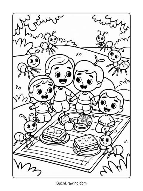 Coloring page of children having a picnic with sandwiches and ants