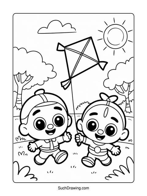 Two cartoon children flying a kite in a sunny outdoor scene