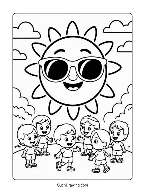 Coloring page of a smiling sun wearing sunglasses with children
