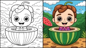 Cocomelon coloring page featuring a baby in a watermelon, smiling happily