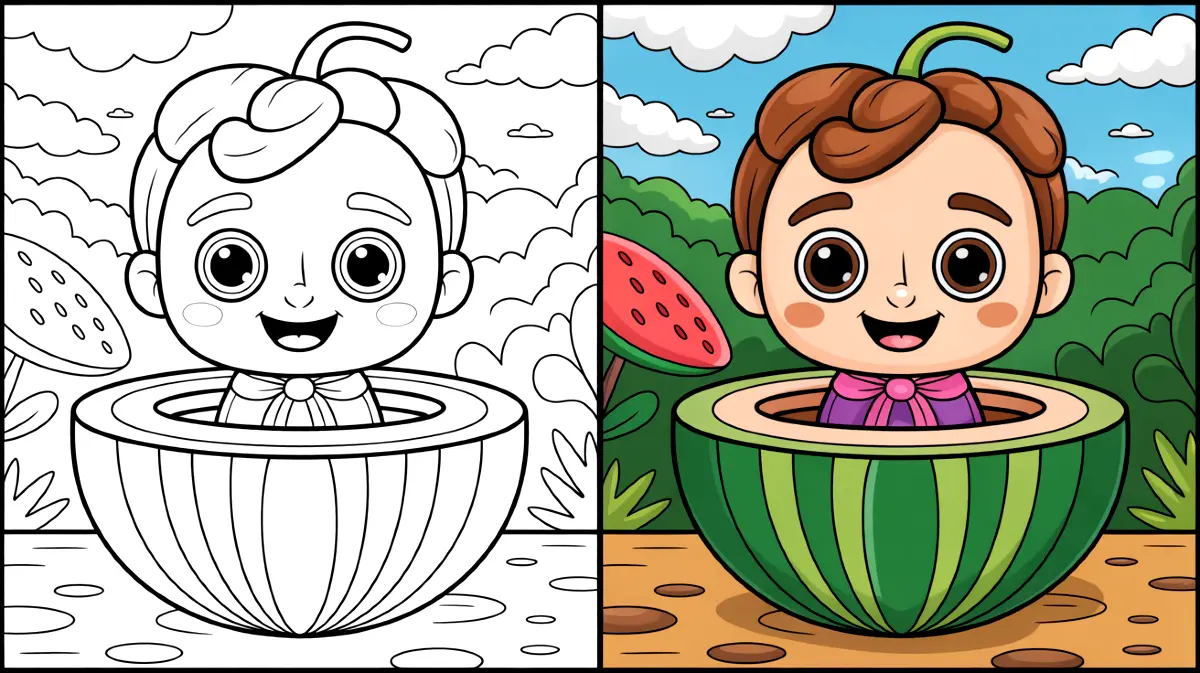 Cocomelon coloring page featuring a baby in a watermelon, smiling happily
