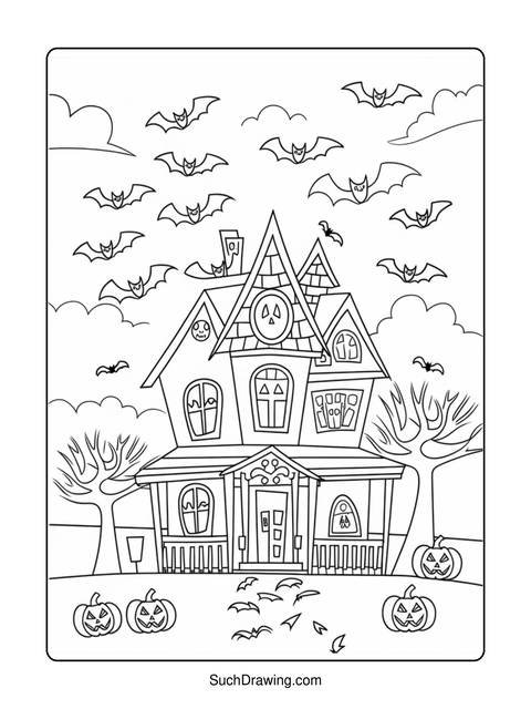 A black and white halloween coloring page featuring a haunted house and bats