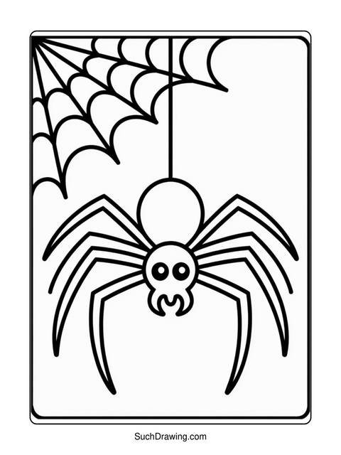 Black and white illustration of a spider hanging from a spiderweb
