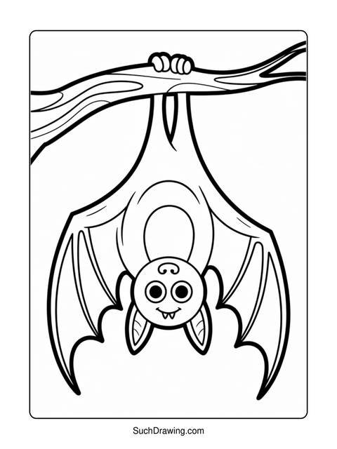 Line art of a bat hanging upside down from a tree branch