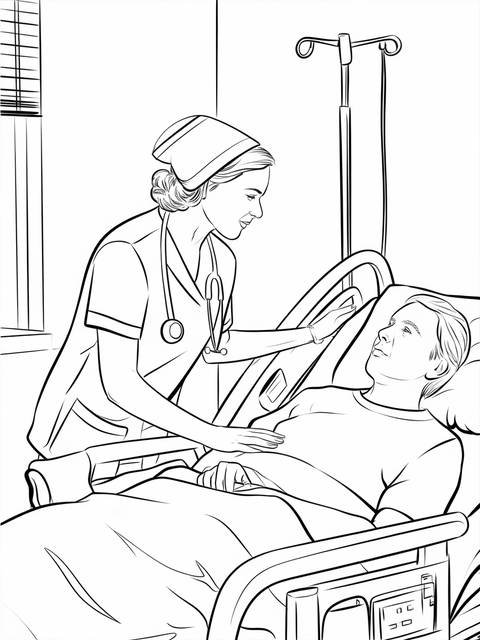 A nurse checking on a patient in a hospital bed; a community helper caring for others