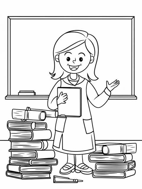 A cheerful teacher stands near books and a chalkboard, ready to teach