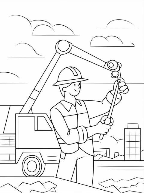 Construction worker operating a crane, part of community helpers coloring page