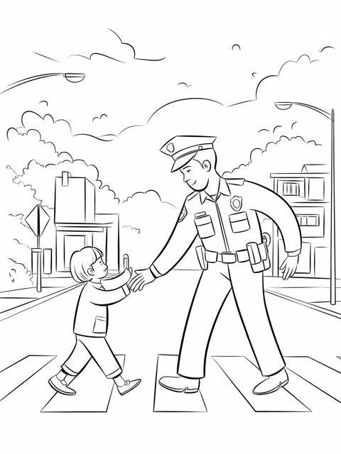 A police officer helping a child cross a crosswalk, a community helper illustration