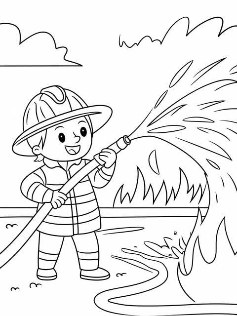 A friendly firefighter from the 'community helpers' series, spraying water with a hose