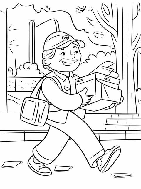 A friendly mail carrier walking, carrying packages, a community helper coloring page