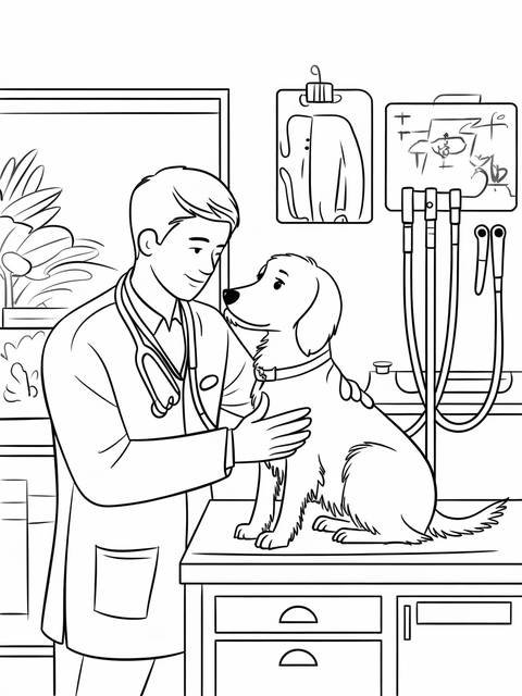 A veterinarian examining a dog in a clinic setting, part of community helpers