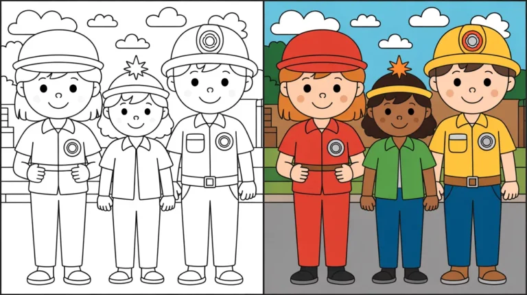 Community helpers coloring page featuring firefighters, construction workers, and police officers