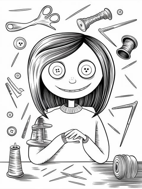 Black and white illustration of coraline's other mother surrounded by sewing tools