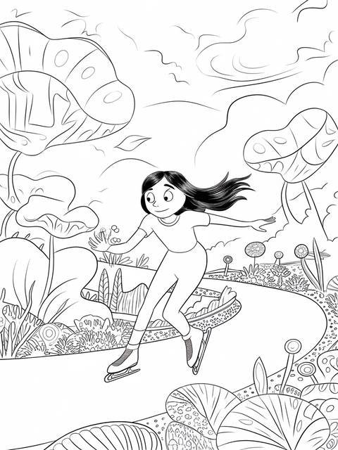 Coloring page of coraline skating down a winding path with large mushroom-like plants