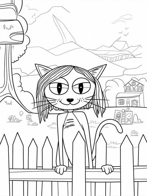 Coloring page of coraline the cat looking mischievous, behind a picket fence