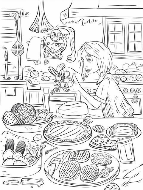Black and white line art of coraline's other father's kitchen, filled with food