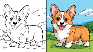 Corgi coloring page: a two-panel image with a colored and line art corgi