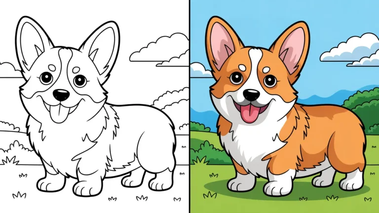 Corgi coloring page: a two-panel image with a colored and line art corgi