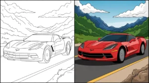 Corvette coloring page: a two-panel image featuring a red sports car