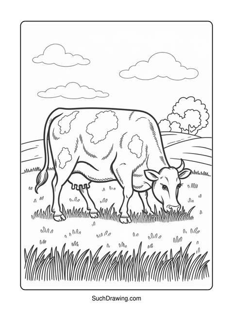 Black and white coloring page of a cow grazing in a grassy field