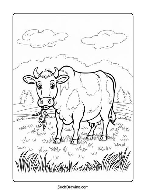 Line drawing of a cow standing in a field with clouds in the background