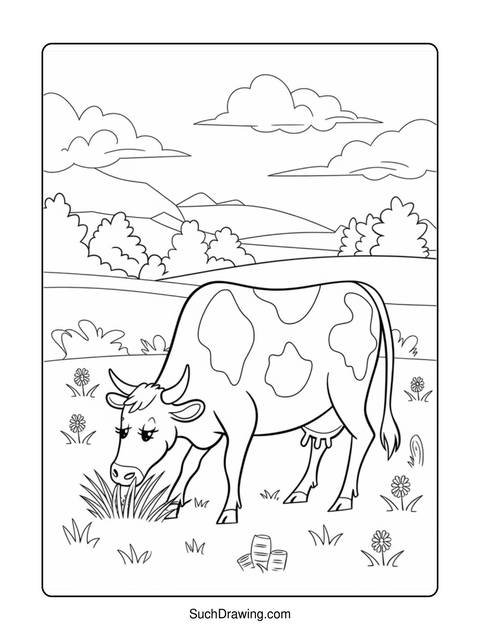 Line art of a cow grazing in a field with rolling hills in the background