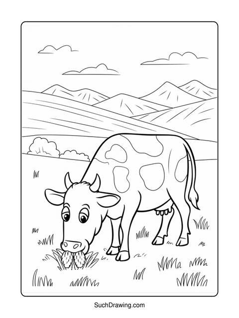 Black and white coloring page of a cow grazing in a field