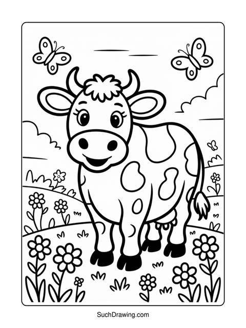 Black and white coloring page of a cow with butterflies and flowers
