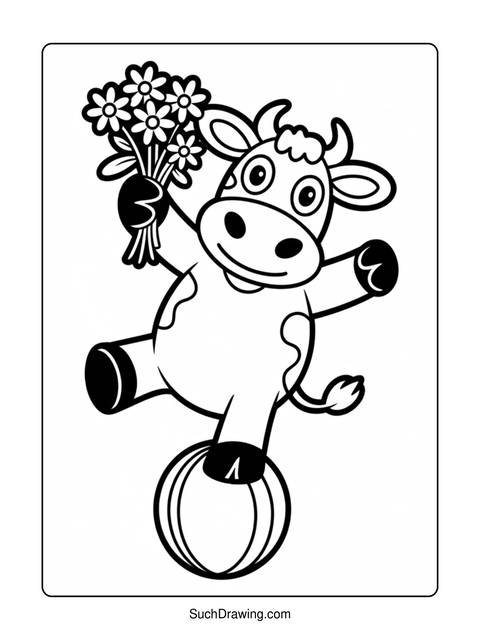 A cartoon cow balancing on a ball and holding a bouquet of flowers