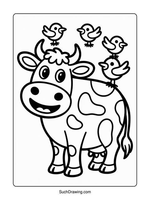 A cartoon cow with birds perched on its back and head