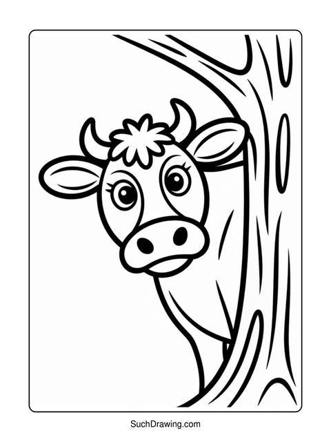 A cartoon cow peeking from behind a tree, ready for coloring
