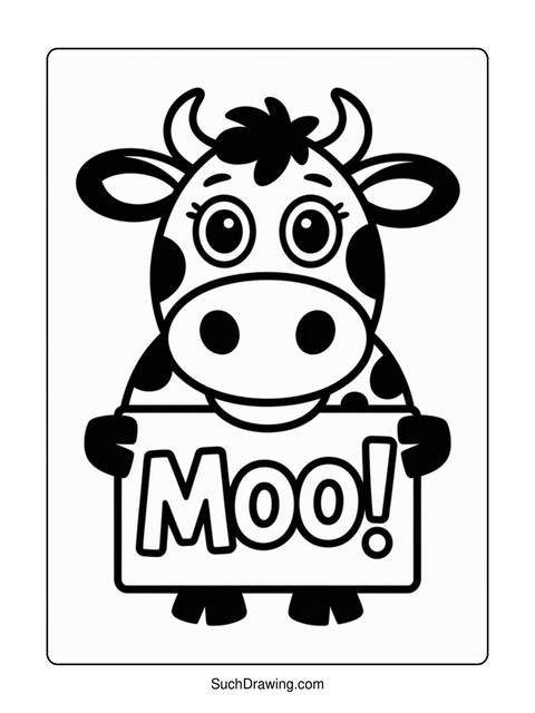 Black and white cartoon cow holding a sign that says 'moo!