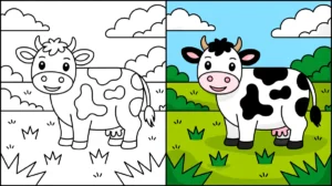 Cow coloring pages: a black and white and colored cartoon cow illustration