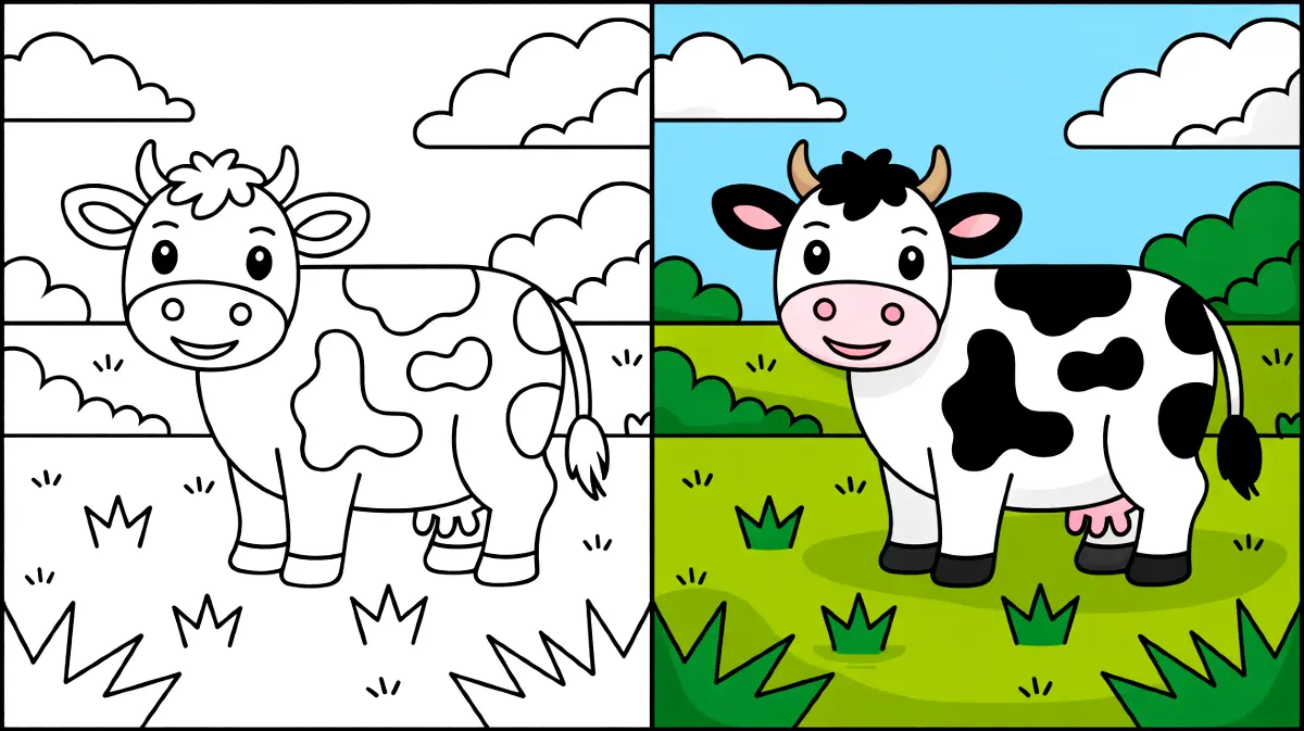 Cow coloring pages: a black and white and colored cartoon cow illustration